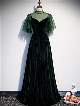 Picture of Fashionable Dark Green Velvet Long Party Gown, Green Bridesmaid Dresses